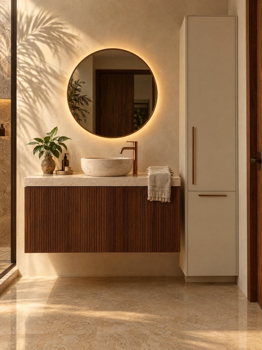 Baño con mueble flotante de tablillas de madera y espejo redondo