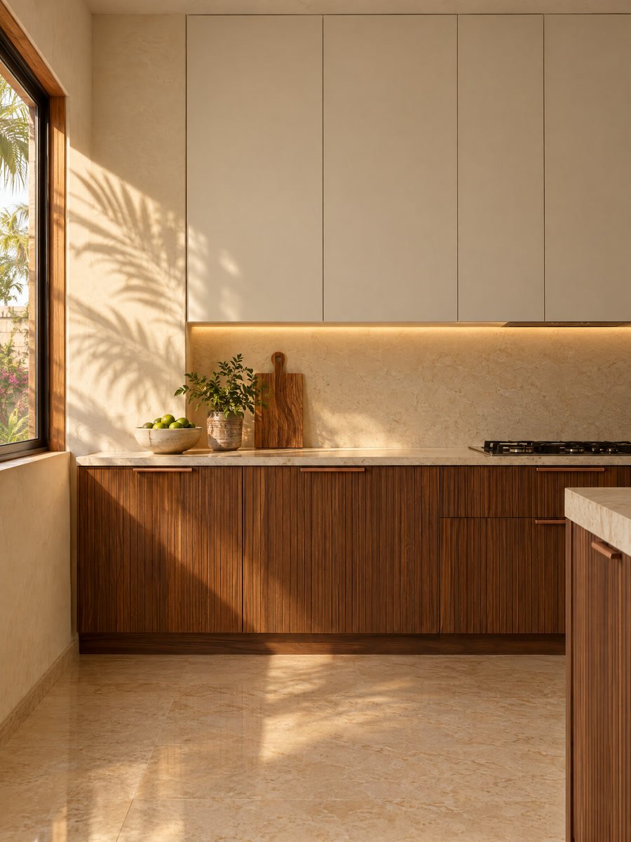 Cocina con gabinetes de tablillas de madera y alacenas blancas